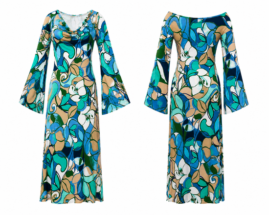 Azure Bloom Two-Sleeve Long Dress