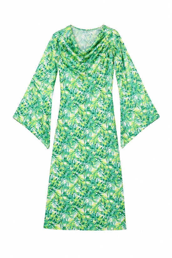 Palm Breeze Bell-Sleeve Long Dress
