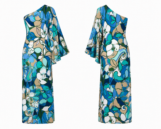 Azure Bloom One-Sleeve Long Dress