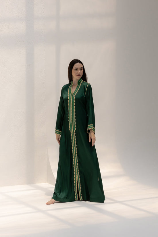 Emerald Silk Kaftan with High Collar